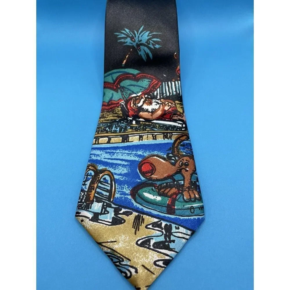 Christmas Tie Vintage. Santa In Sun, Rudolph In Pool 57” Excellent Condition.